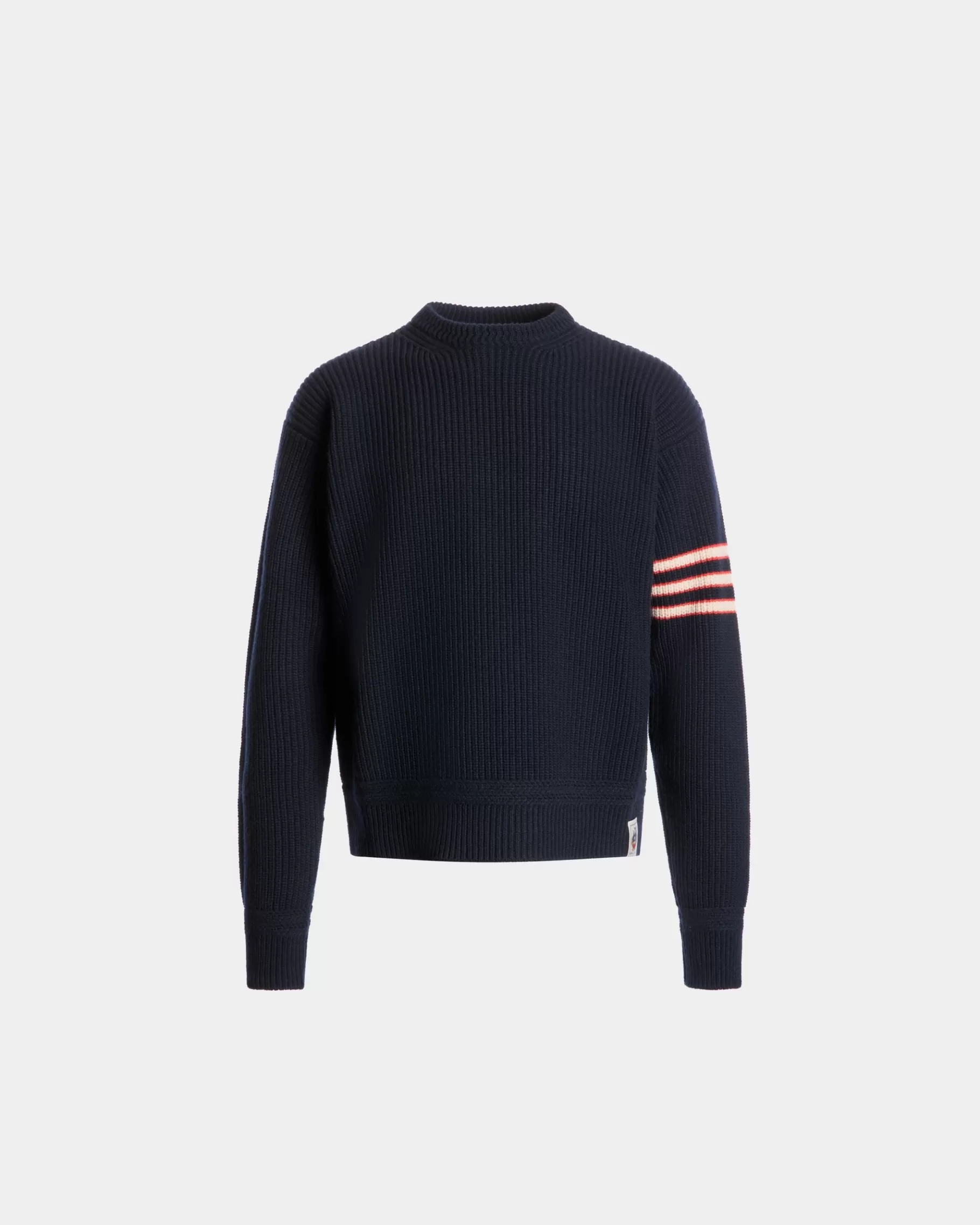 Knitwear<Bally Crewneck Sweater With Crest Logo in Navy Wool Blue