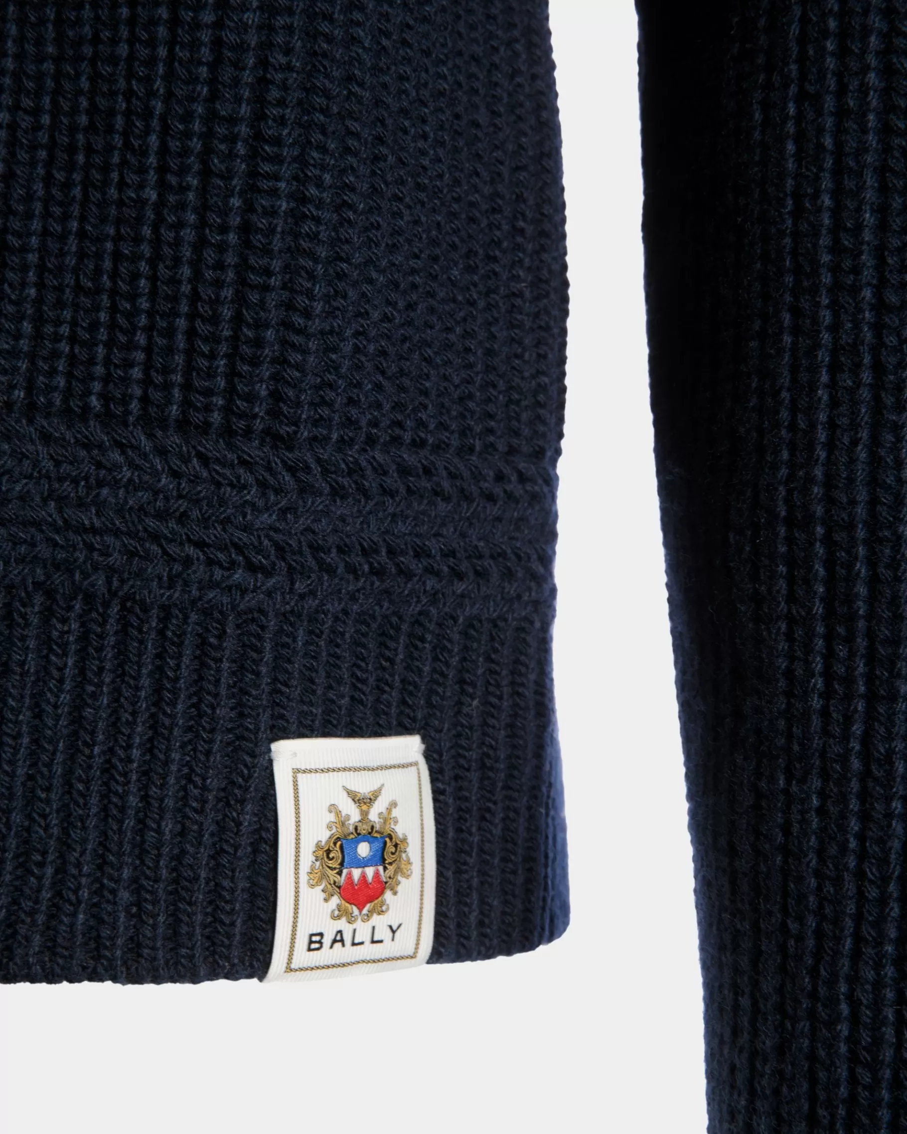 Knitwear<Bally Crewneck Sweater With Crest Logo in Navy Wool Blue