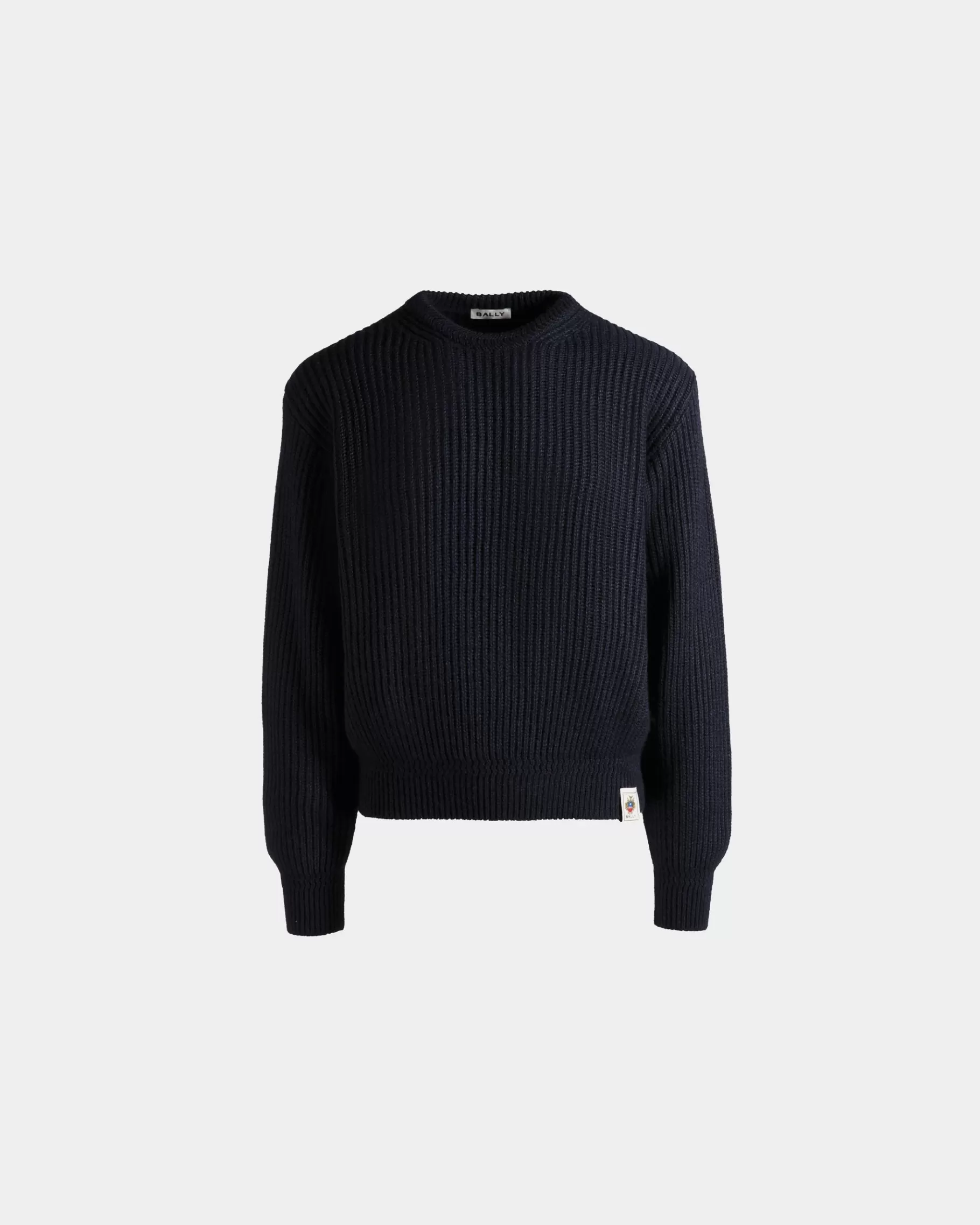 Knitwear<Bally Crewneck Sweater With Crest Logo In Navy Wool And Silk Blue