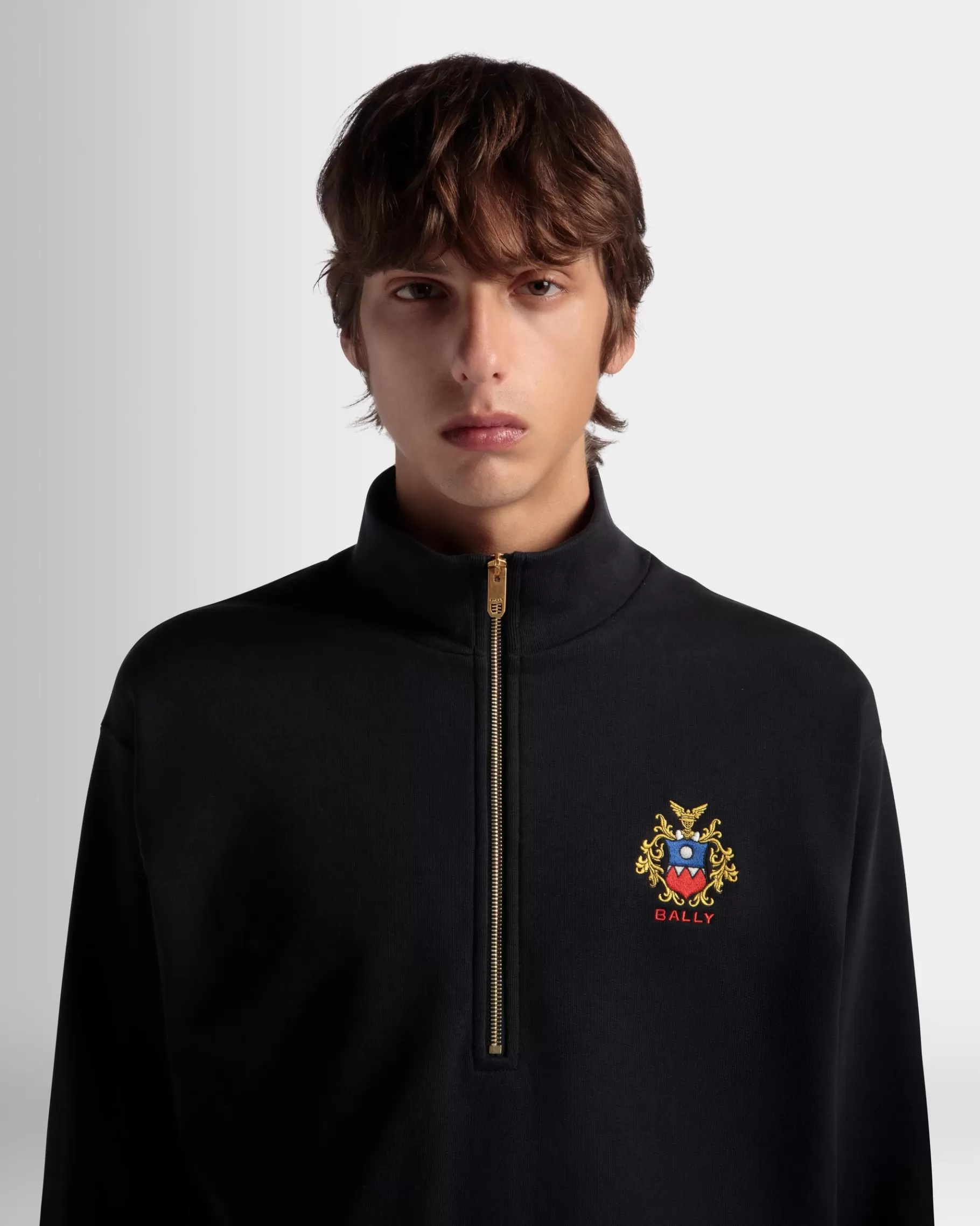 Tracksuits<Bally Half Zip Sweatshirt With a Crest Logo In Navy Cotton Blue