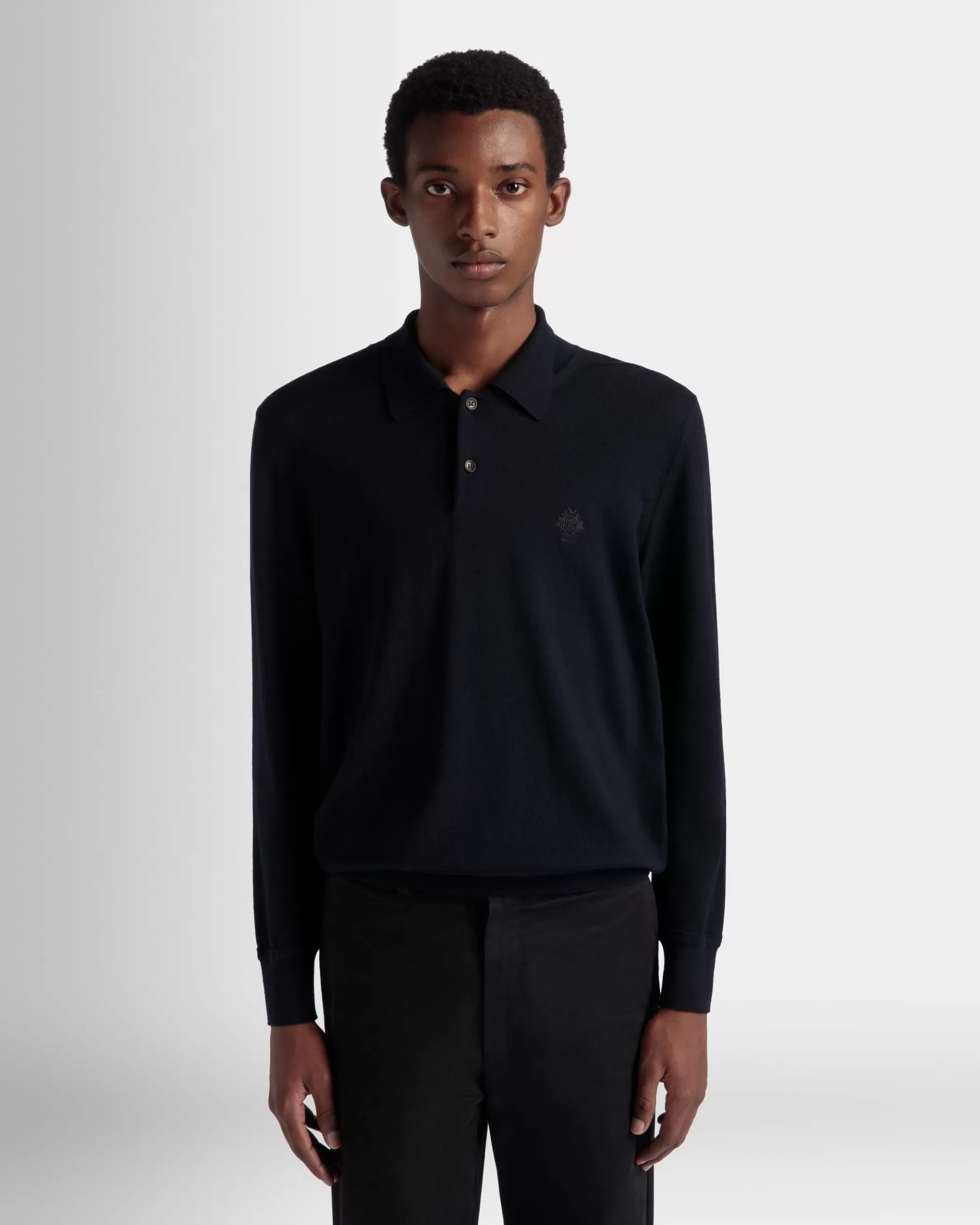 Shirts & T-shirts | Knitwear<Bally Long Sleeve Polo With Crest Logo In Navy Wool Blue