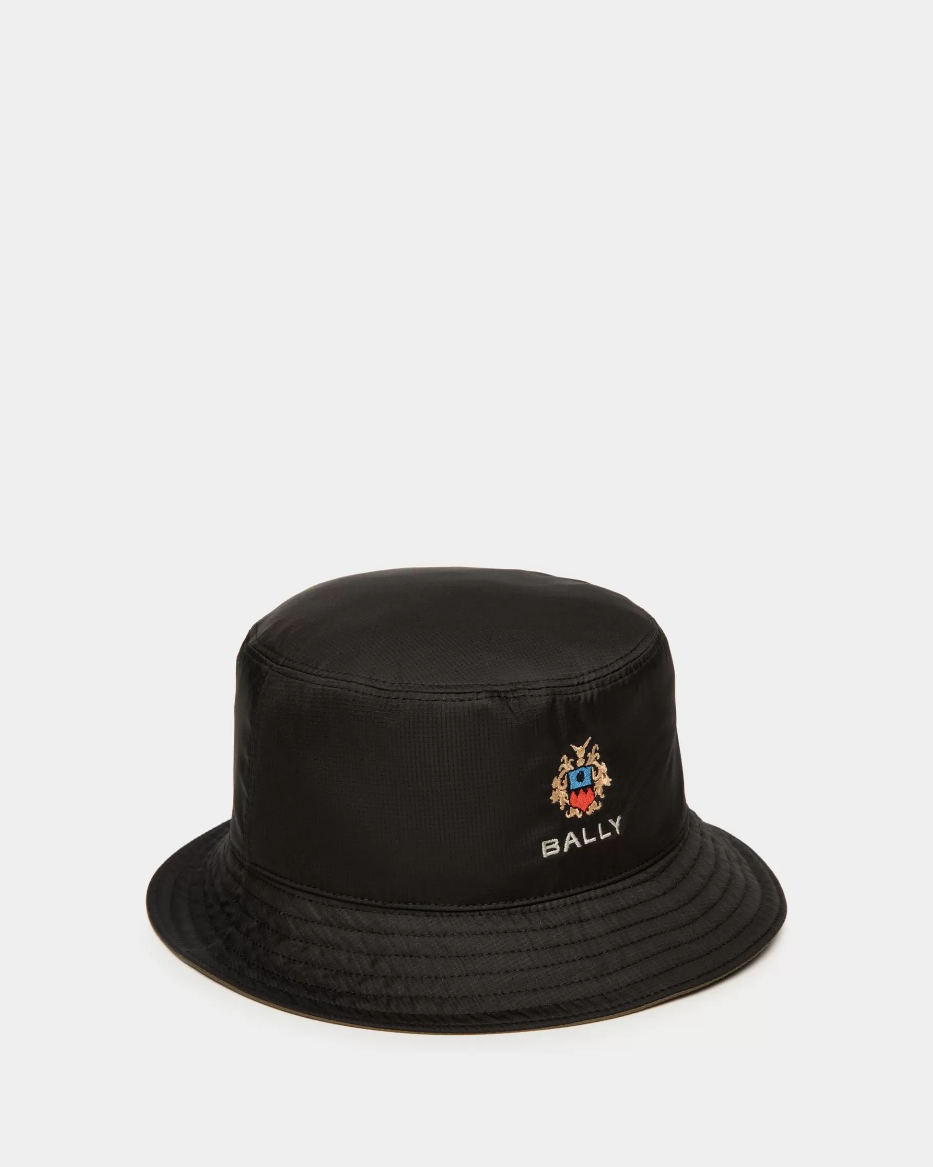 Gloves & Hats<Bally Reversible Bucket With Crest Logo In Black And Olive Green Technical Fabric Multicolor